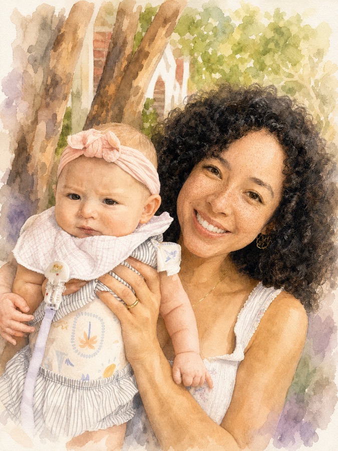 A watercolor-style portrait of Eva's mother holding Eva up under the trees, Eva in a pink headband and a striped romper