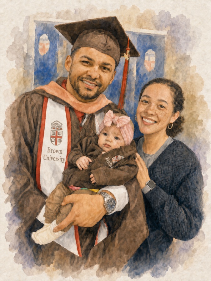 A watercolor-style portrait of Eva's father in a Brown University graduation gown, holding baby Eva in a pink bow, with Eva's mother smiling beside them