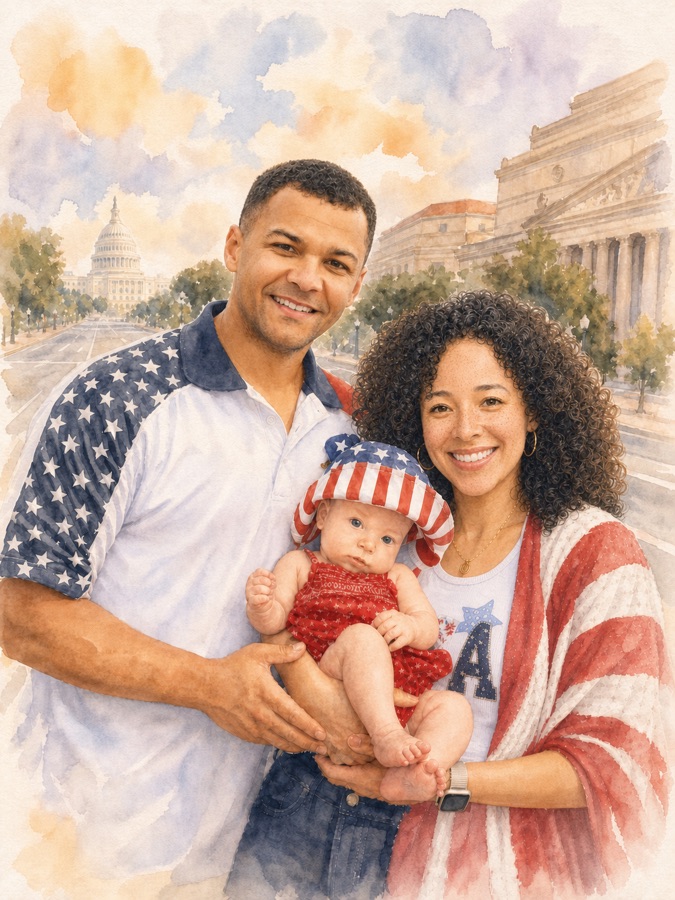 A watercolor-style portrait of Eva and her parents in red, white and blue on the Fourth of July, the U.S. Capitol behind them