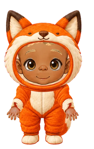 An illustrated baby in the fox costume