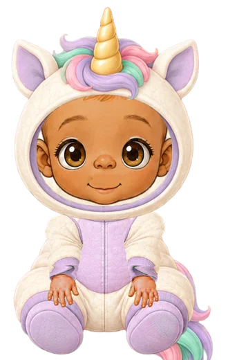 An illustrated baby in the unicorn costume