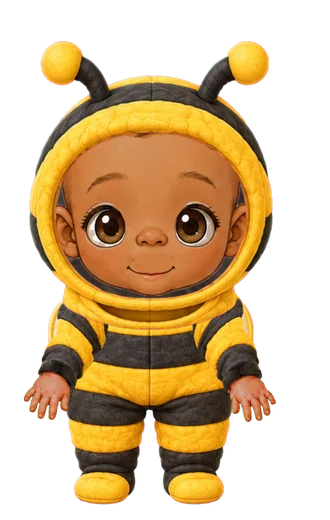 An illustrated baby in the bumblebee costume