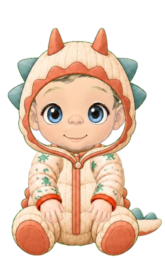 An illustrated baby in the free hooded costume, drawn as a cream dinosaur with horns and a tail
