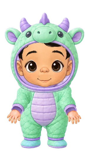 An illustrated baby in the dragon costume