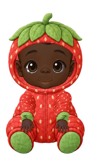 An illustrated baby in the strawberry costume
