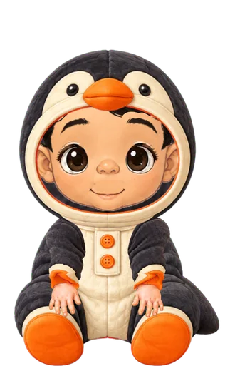 An illustrated baby in the penguin costume