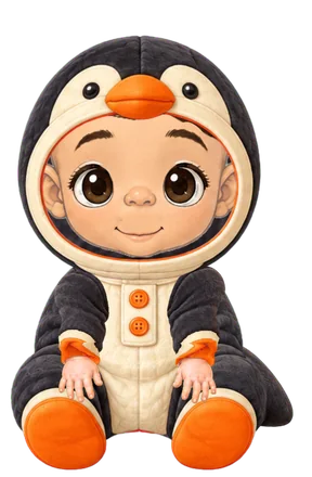 An illustrated baby in the penguin costume