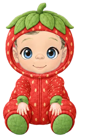 An illustrated baby in the strawberry costume