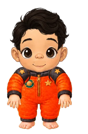 An illustrated baby in the astronaut costume