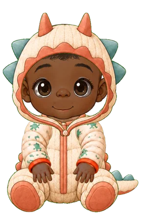 An illustrated baby in the free hooded costume, drawn as a cream dinosaur with horns and a tail