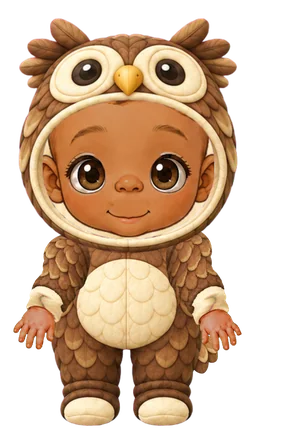 An illustrated baby in the owl costume