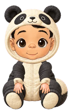 An illustrated baby in the panda costume