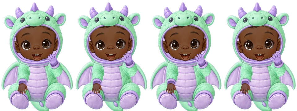 An illustrated baby in the dragon costume, waving