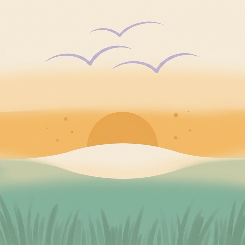 A watercolor sun rising behind a pale hill above green grass, with three birds overhead
