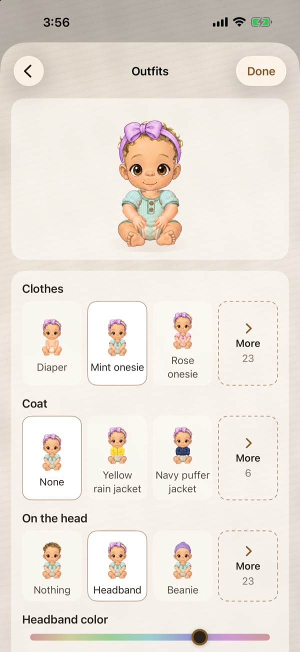 The Eva's Log Outfits page: an illustrated baby in a mint onesie and a lilac headband, above rows of clothes, coats and things for her head to choose from