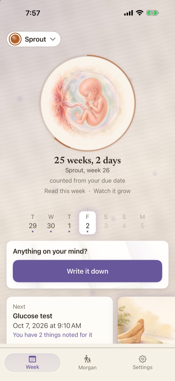 The Eva's Log pregnancy home at 25 weeks and 2 days, for a baby nicknamed Sprout: the week's watercolor of the baby, a strip of days, a prompt to write down anything on your mind, and the next appointment, a glucose test