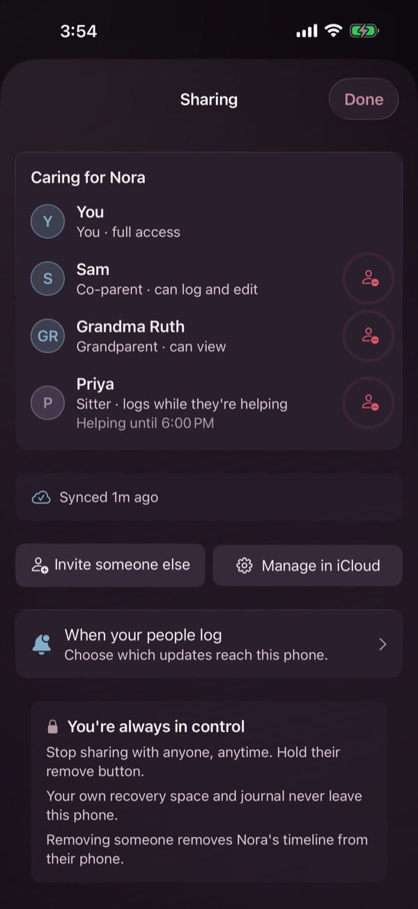 The Eva's Log Sharing page, caring for Nora: you with full access, Sam as a co-parent who can log and edit, Grandma Ruth as a grandparent who can view, and Priya as a sitter helping until 6:00 PM, each with a button to remove them
