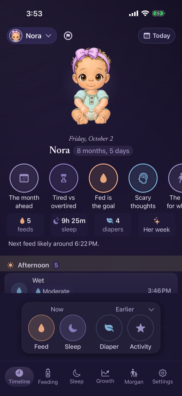 The Eva's Log Timeline for Nora, 8 months old: her illustrated avatar at the top, today's feeds, sleep and diapers, and the Feed, Sleep, Diaper and Activity buttons