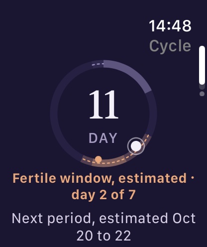 The cycle on the Watch: day 11 in a ring, the fertile window estimated at day 2 of 7, and the next period estimated for October 20 to 22.