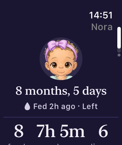 Eva's Log on Apple Watch: an illustrated baby with a purple bow, 8 months and 5 days old, fed 2 hours ago on the left, with the day's feeds, sleep and diapers below.