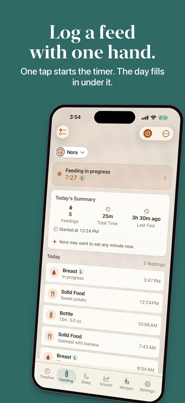 Log a feed with one hand. One tap starts the timer. The day fills in under it. The Feeding tab with a breastfeed timer running and the day's feeds listed below.