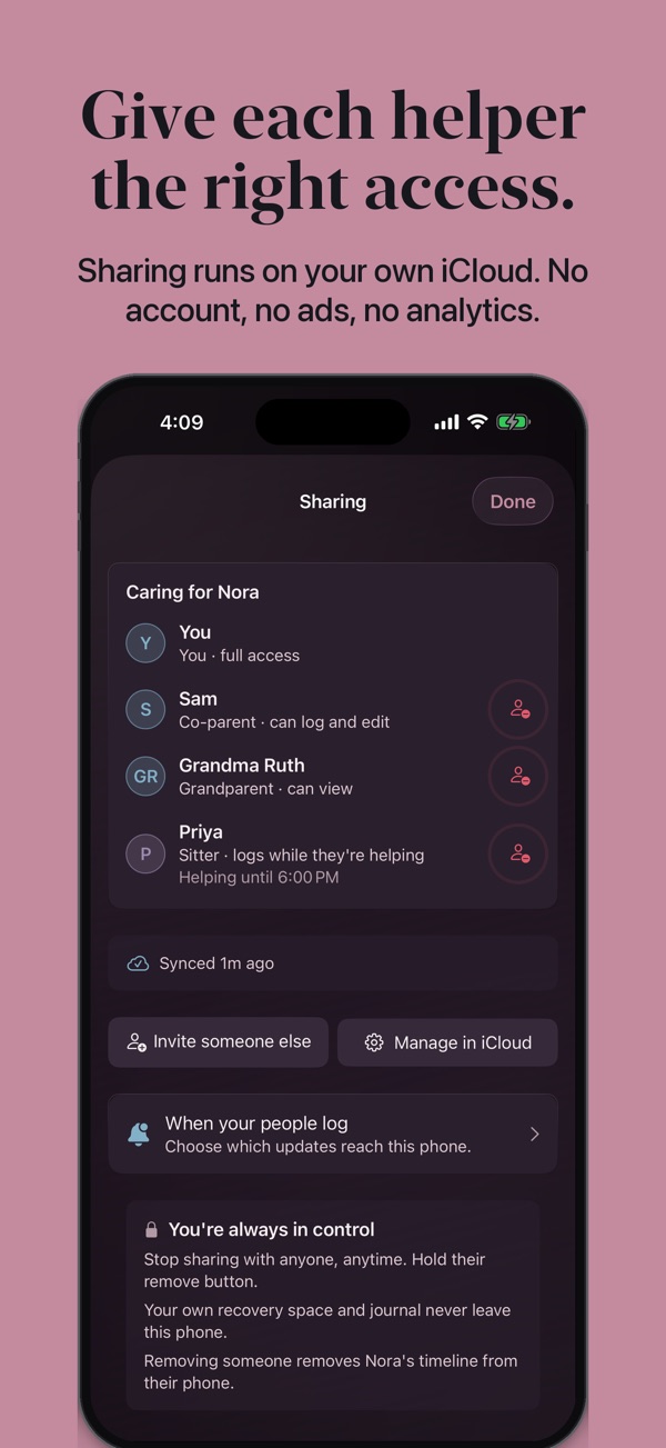 Give each helper the right access. Sharing runs on your own iCloud. No account, no ads, no analytics. The Sharing page caring for Nora: Sam can log and edit, Grandma Ruth can view, and Priya, a sitter, logs while she's helping.